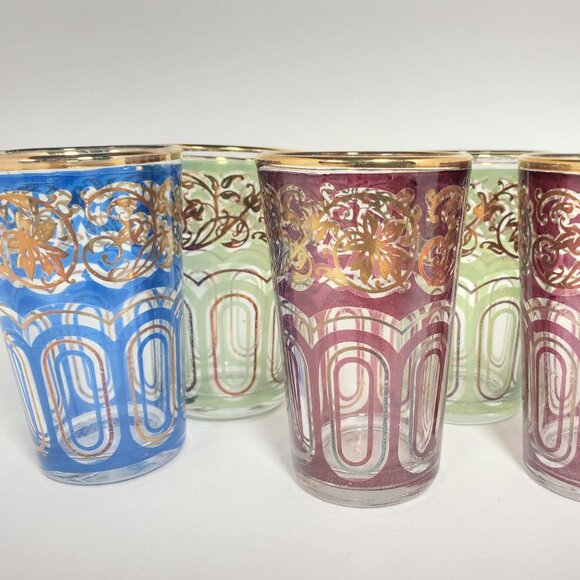 Set of 6 Vintage Moroccan Tea Glasses – Red, Green & Blue with Gold Gilding - Picture 1 of 11